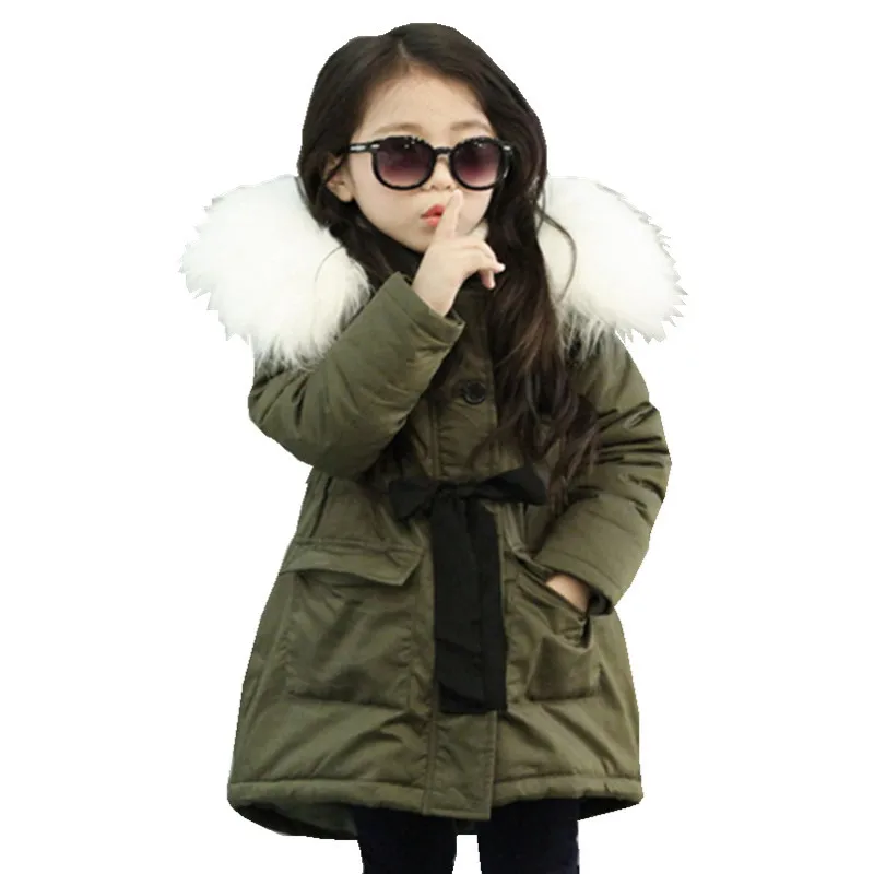 

Girl's Winter Jacket Down Parkas Big Fur Collar Green Kids Winter Jacket Cotton Padded Thick Warm Hooded Outwear Coat Z663