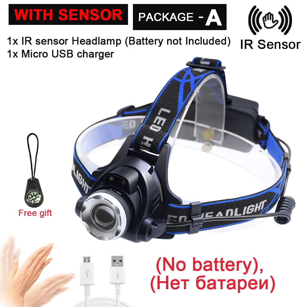 Package A ИК-датчик, головной светильник, USB Перезаряжаемый, V6/L2/T6, индукционный светодиодный налобный фонарь, налобный светильник для рыбалки, налобный фонарь, фонарь, аккумулятор 18650 - Испускаемый цвет: Package A