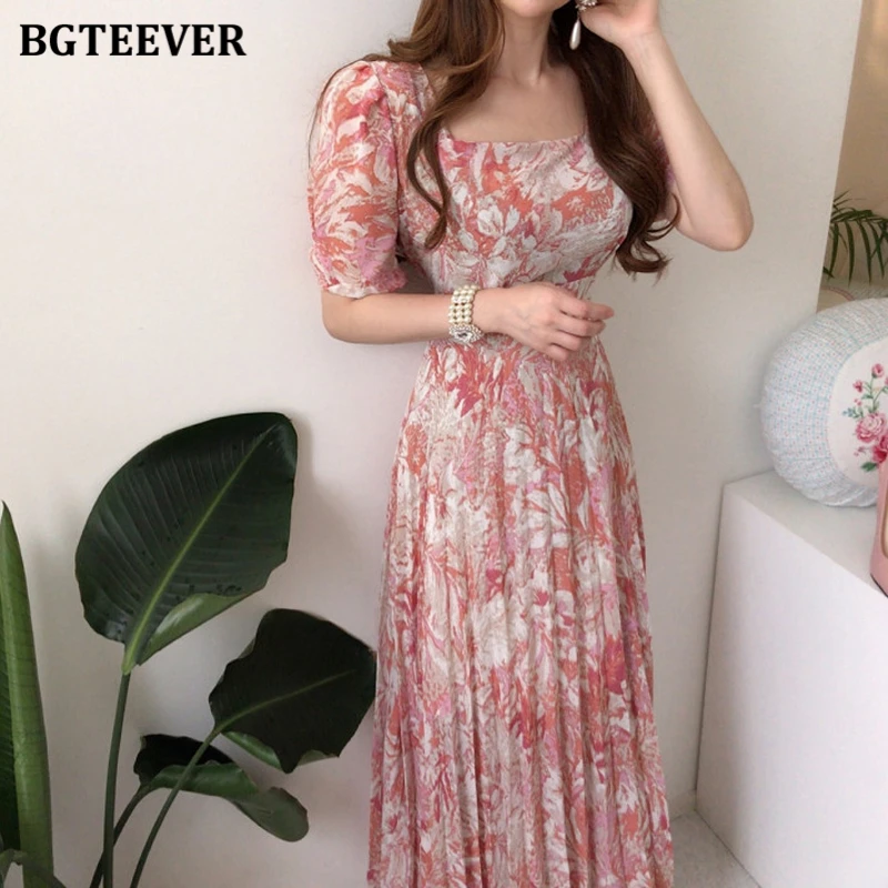 

BGTEEVER Elegant Chic Square Collar Women Chiffon Midi Dress Short Sleeve Slim Waist A-line Floral Print Pleated Vestidos 2021