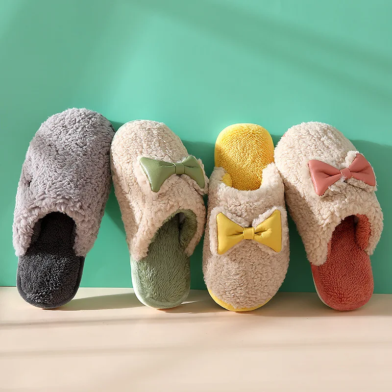

Autumn Women Closed Slippers Thicken Furry Warm Cozy Cute Bow-Knot Platform Shoes Plush Memory Foam Winter House Cotton Slippers