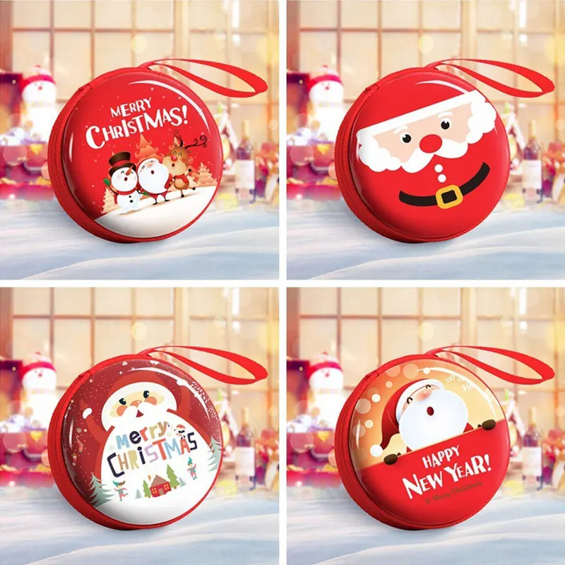 

Christmas Storage Bag Children Kids Change Coin Purse Cartoon Christmas Printed Coin Purse Tinplate Round Pouch Bags