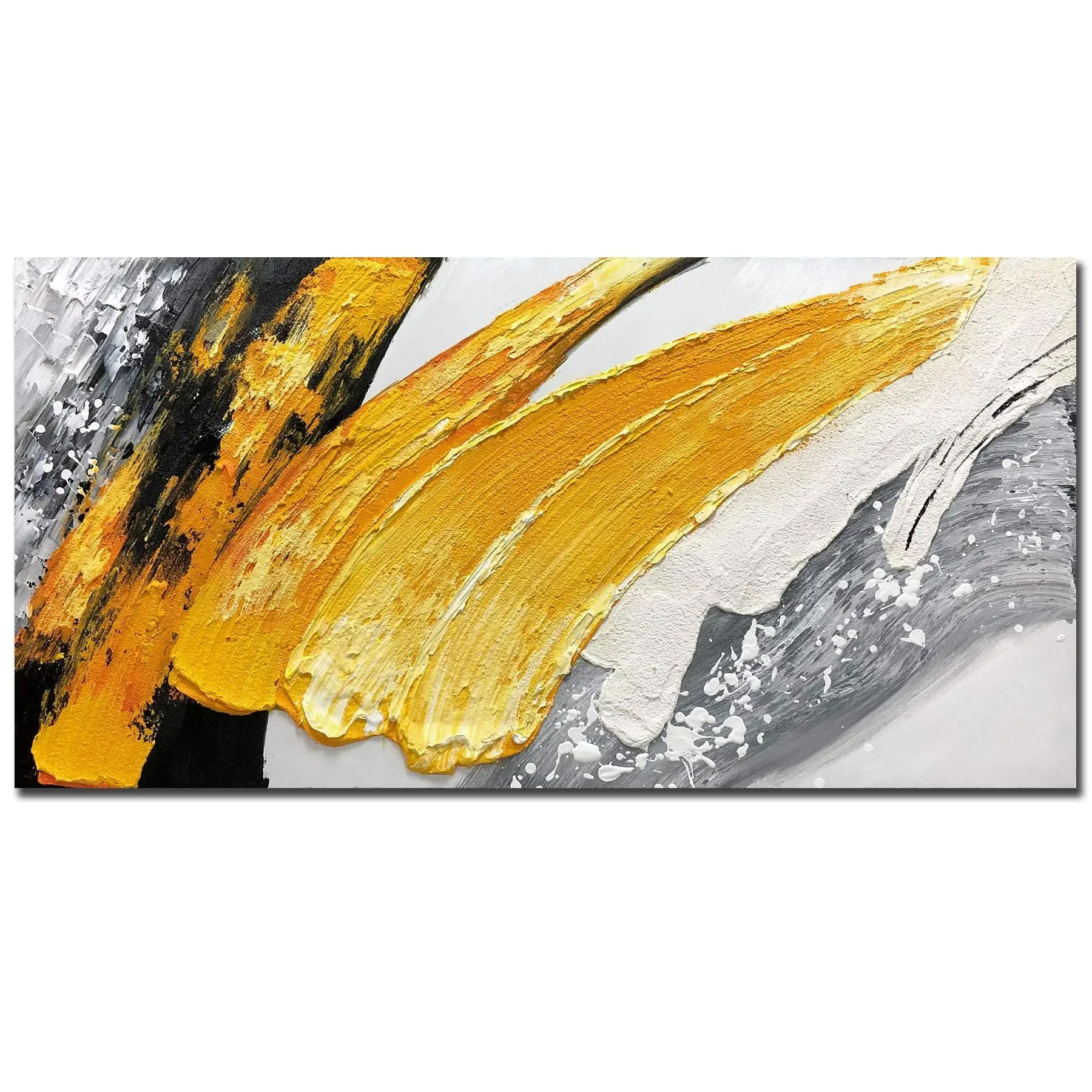 

Hand Painted 3D Textured Abstract Yellow Black White Oil Painting Modern Wall Art Contemporary Artwork Home Decoration No Framed