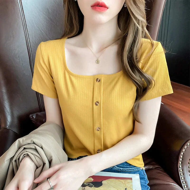 

French Square Collar Short T-shirt Women's Short Sleeve 2021 Summer New Slim Fit High Waist Retro off-Shoulder Top Ins Fashion