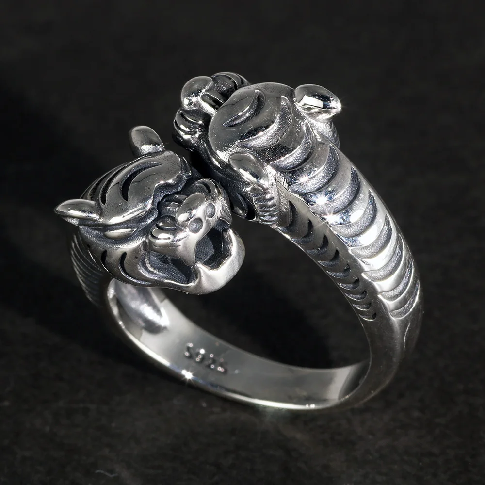 

Настоящее чистое 925 пробы Серебряное мужское кольцо с двойной головой тигра Ретро панк Рок открытие регулируемые байкерские кольца хорошее...