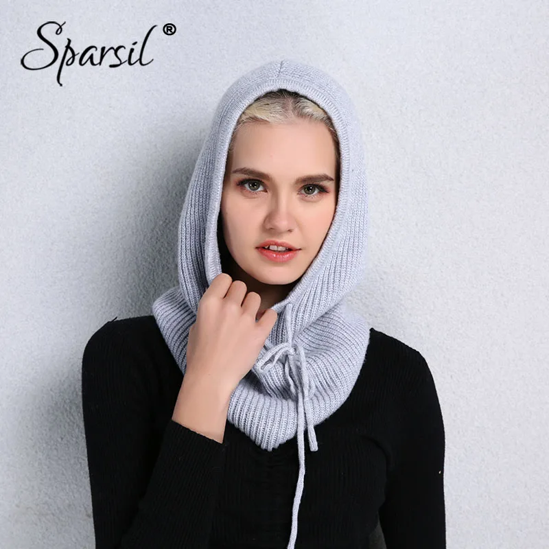 Sparsil, унисекс, Вязаная кашемировая шапка с капюшоном и воротником, шапка на завязках, плотная шапка для мужчин и женщин, одноцветная, регулируемая эластичная шапка