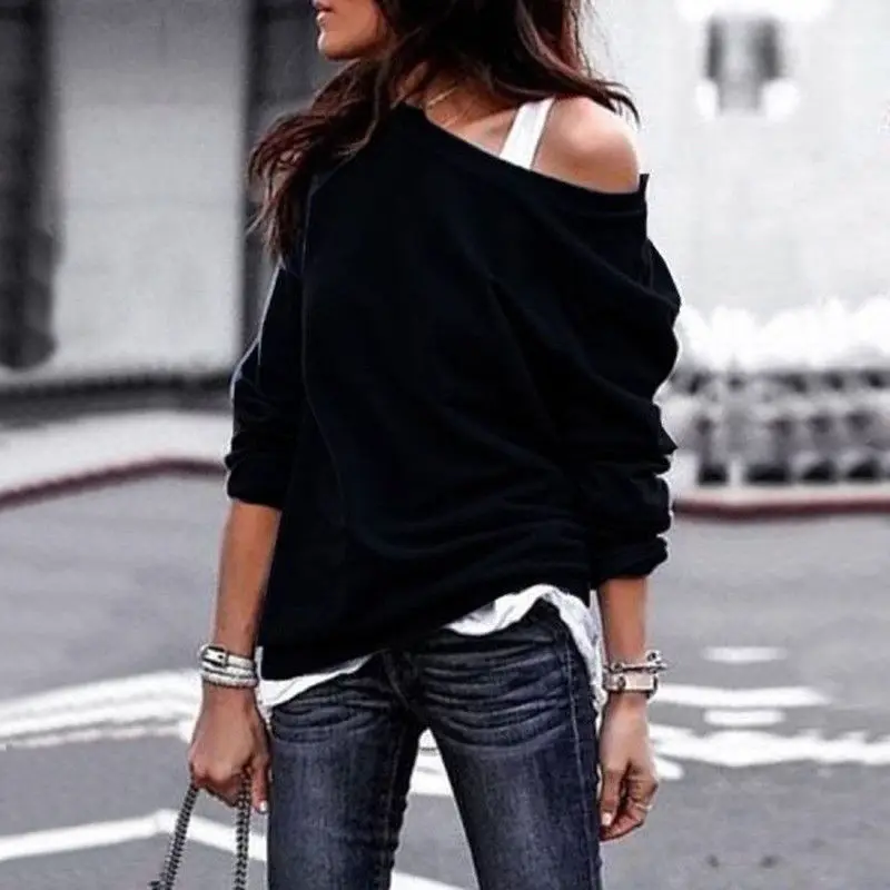 Women's One Shoulder Jumper Pullover Ladies Hoodies Top Loose T shirt Sweatshirt | Женская одежда