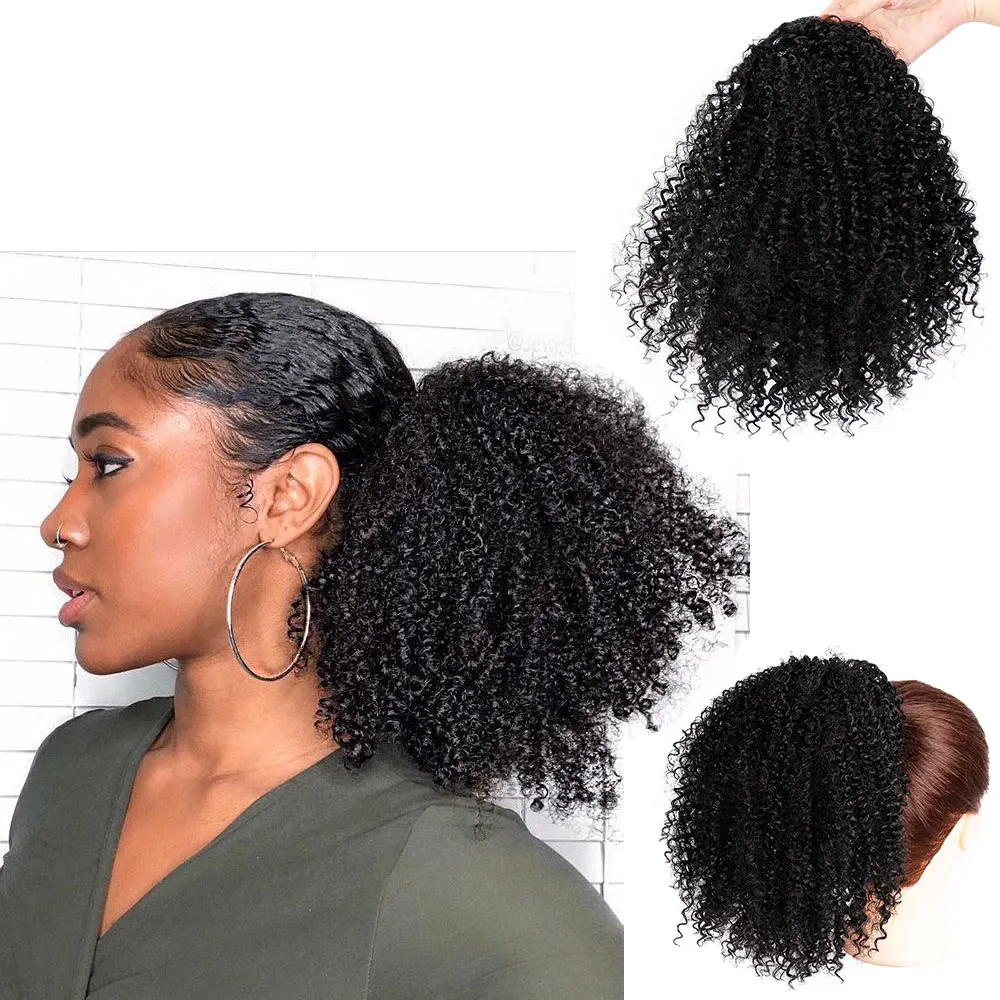 

Vigorous Afro Kinky Curly Ponytail African American Short Wrap Synthetic Drawstring Puff Pony Tail Clip in Hair Extensions