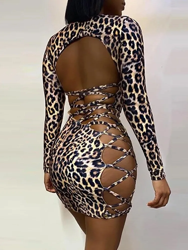 

SKMY Sexy Party Nightclub Leopard Print Dress Long Sleeve Backless Lace-Up Bodycon Short Dress Club Outfits For Women