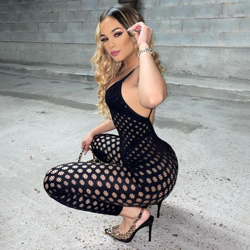 

See Through Hollow Out Jumpsuit For Women Solid Sexy Sling Skinny Cleavage Net Plaid Hole Stunning Midnight Club Rompers