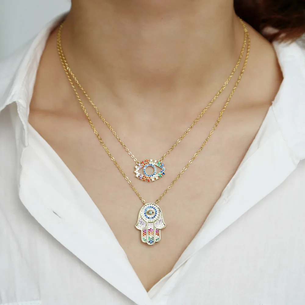 2021 Gold Color Multi Rainbow Cz Lucky Turkish Evil Eye Jewelry Women Charm Dainty Simple Hamsa Hand Fatimas Necklace | Украшения и