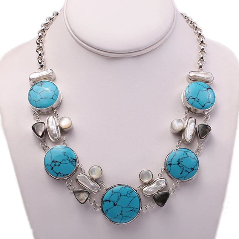 

JYX Authentic Blue Turquoise with White shell Irregular Pearl Necklace 25x30mm 21inches Jewelry for Women