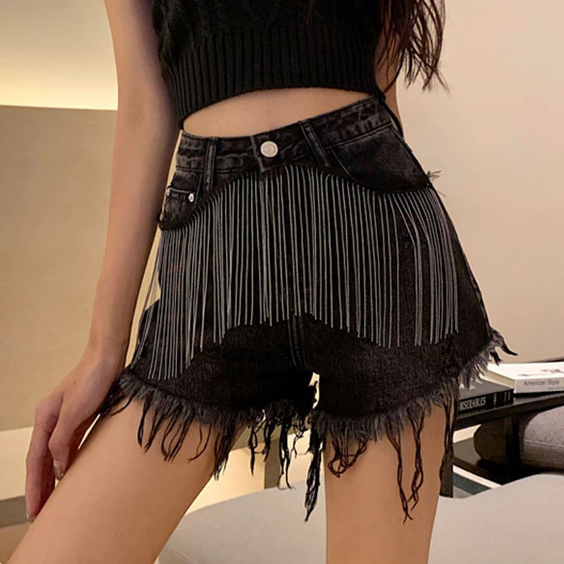 tassel  denim shorts tassel hole jeans  Diamond Beads High Waist Jeans Cowboy Shorts Female Fasjion Hole Shorts women black