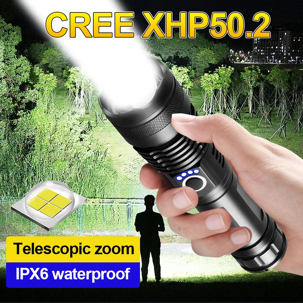 

Rechargeable LED Flashlight USB Torch Light CREE XHP50 Most Powerful Tactical Flashlight 18650 Bright Waterproof Zoom Hand Lamp