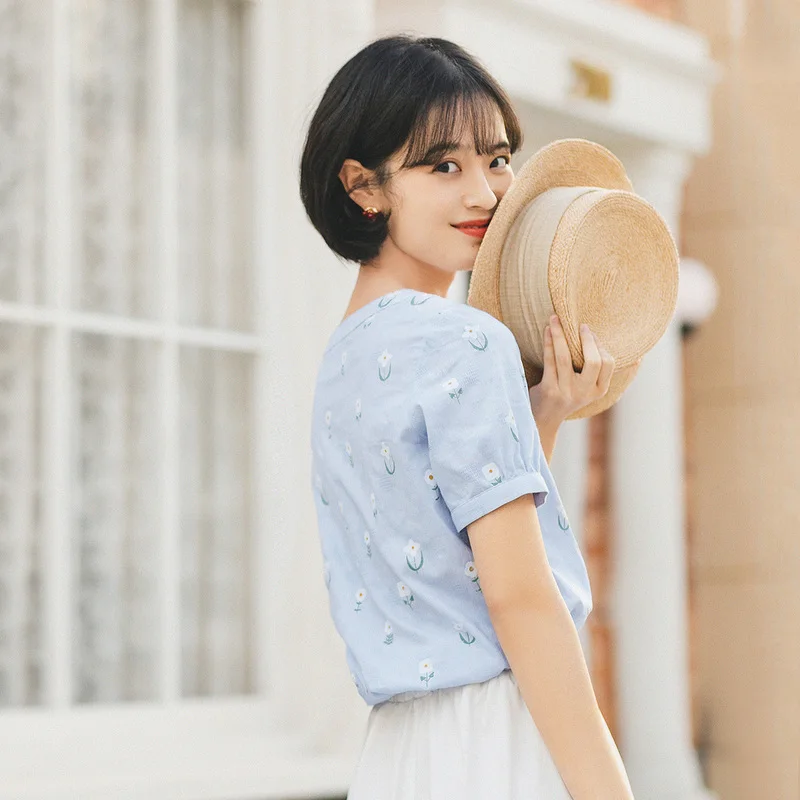 INMAN летняя блузка с короткими рукавами из чистого хлопка цветочным принтом и