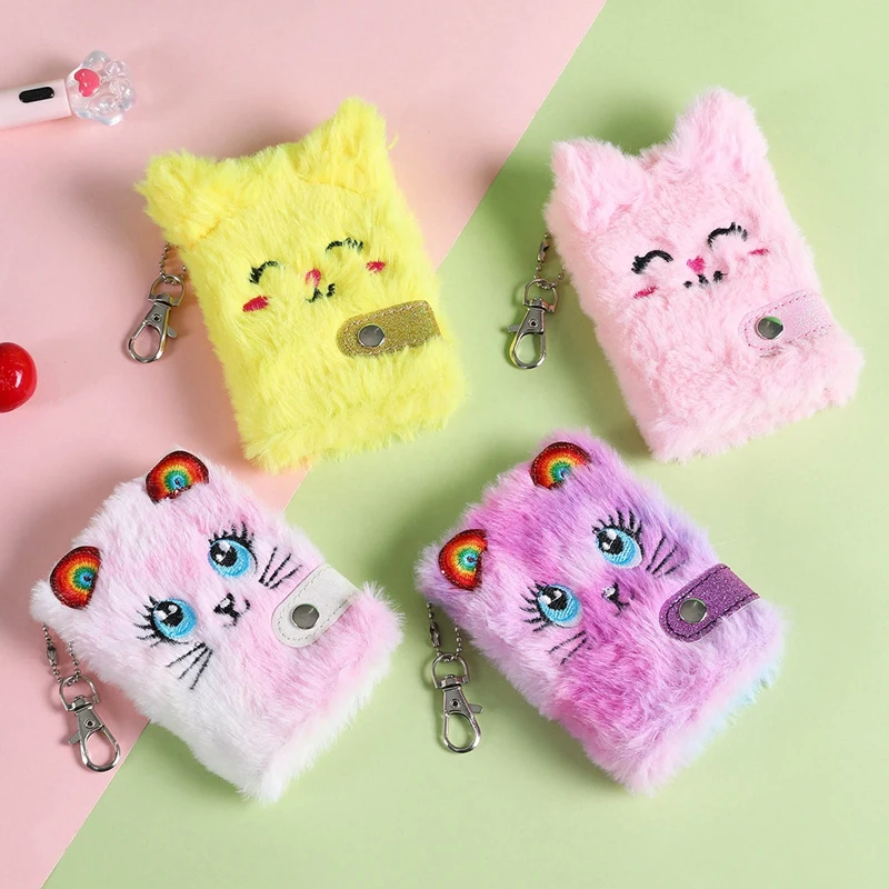 Cute Cat Plush Notebook For Girls Kawaii Pendant Keychain Furry Cats Notebook Daily Planner Journal Book Note Pad Stationery 