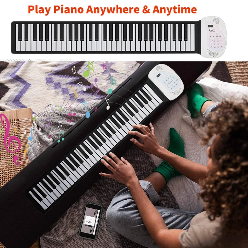 

USB Electronic Roll Up Piano Keyboard 61 Keys, Pedal and Bluetooth, Built-in MIDI Speaker & Microphone Musical Portable Keyboard