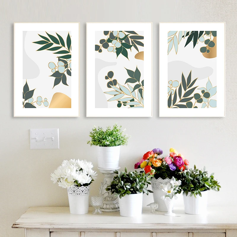 Абстрактный постер с золотыми листьями Картина на холсте зелеными и цветами