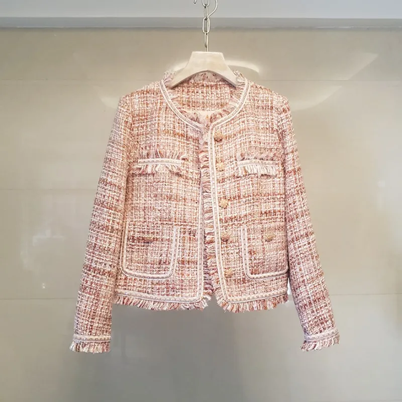 

Tassel Plaid Tweed Jackets Women O-Neck Single-Breasted Luxury Elegant Wool Coats Office Lady Autumn Winter Casual Outwear