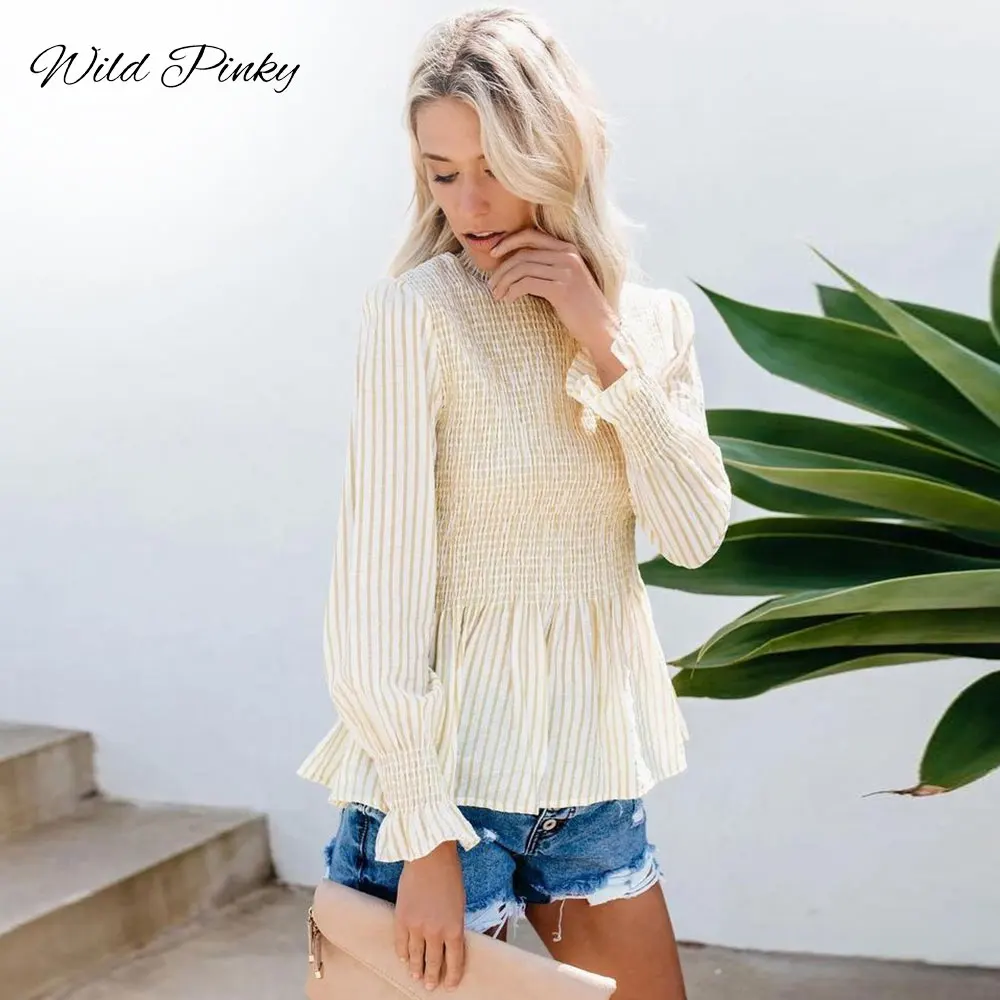WildPinky элегантная бежевая полосатая блузка рубашка женская сексуальная с рюшами