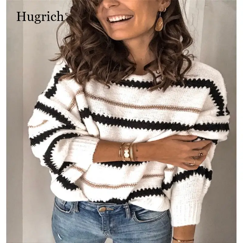 

Fashion Women Winter Pullover Jumper Knitted Sweater Elegant Long Sleeve Stripe Loose dames Knitwear Ladies Streetwear
