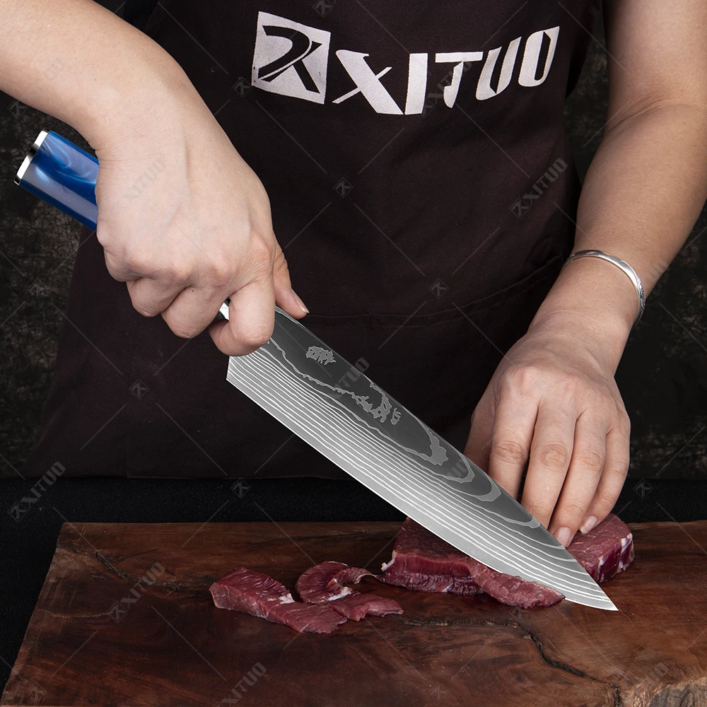 

XITUO New 8pcs Chef knife professional set japanese Laser Damascus pattern kitchen knives Sharp Santoku Cleaver Utility knife