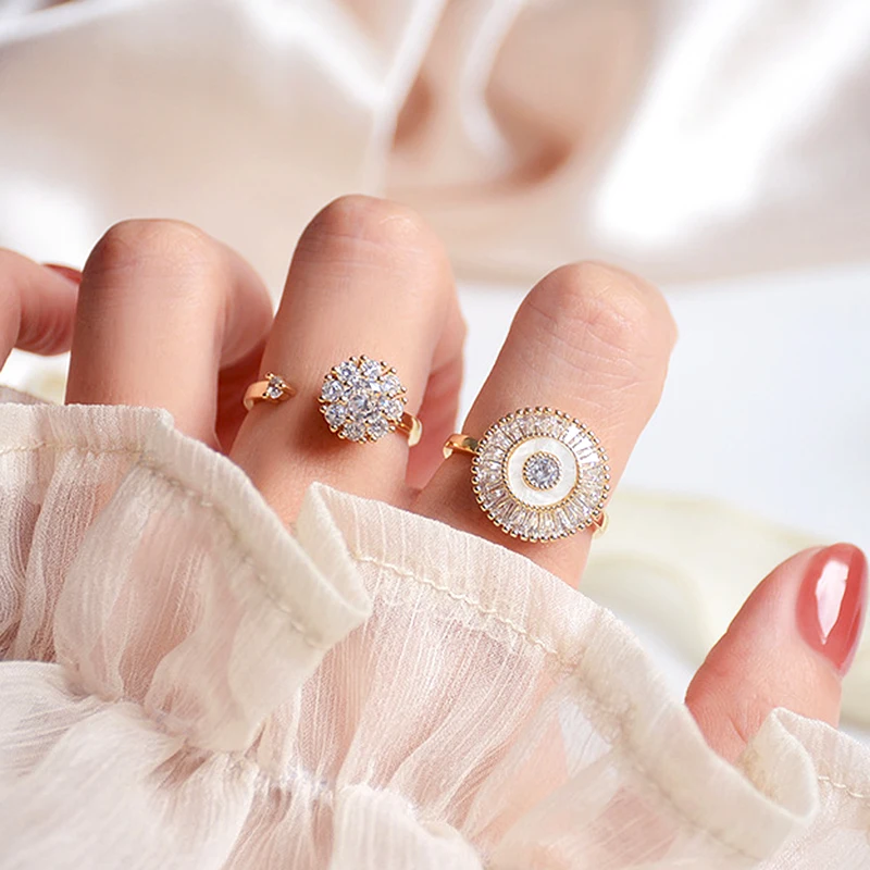 

Trendy Creative Design 14k Real Gold Rotatable Round Opening Rings for Women High Quality Jewelry Adjustable AAA Zirconia Gift