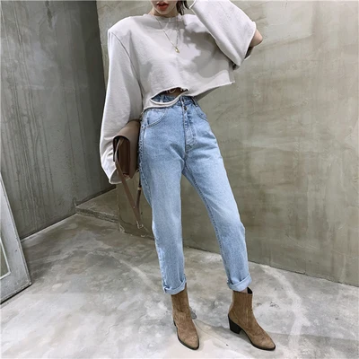 

High waist Straight Jeans Pant For Women Streetwear Loose Female Denim Jeans Buttons Zipper Ladies Trousers 6500#