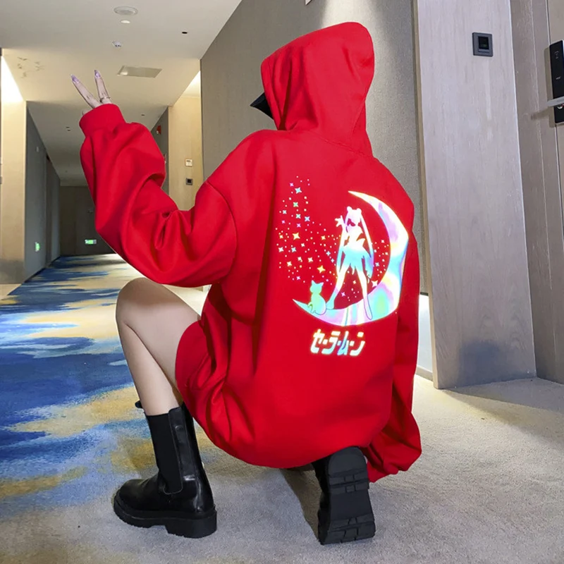 

Hoodies Autumn Letter Print Women Reflective Hoodies Sweatshirts Casual Loose Long Sleeve Tracksuit hoodies Women White Tops Hot