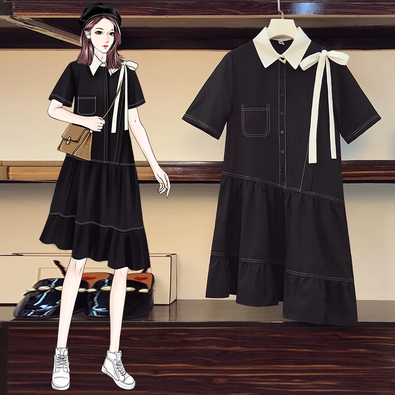 

4XL Plus Size Women Bow Bandage Shirt Dresses Summer 2021 Fashion Short Sleeve Loose Casual Asymmetric Ruffle Dress Black