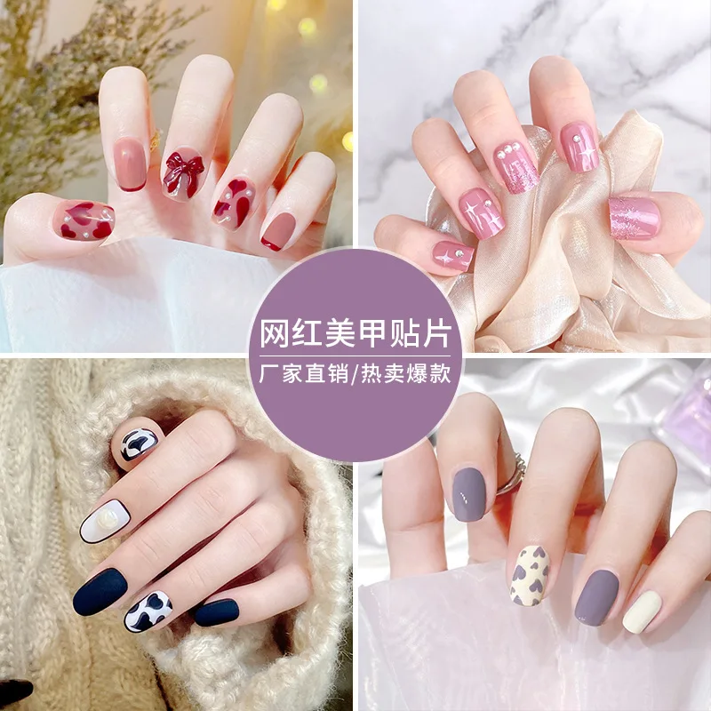 

24 шт./корт. Бант в горошек во французском ретро-стиле черно-белый коровья медведь жемчужный узор искусственные накладные ногти с полным покр...