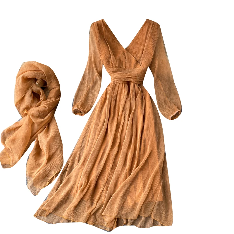 

SINGRAIN Design Women Chiffon Dress Autumn Retro Puff Sleeve V Neck Elegant Solid Dress+Silk Scarf Korean A-line Holiday Dress