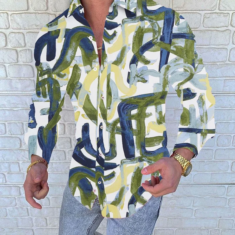 2021 Men's fashion NEW printingTurn-down Collar Shirt Casual  Long Sleeve Social Men Club Prom fashion Shirt S-3XL Street outfit