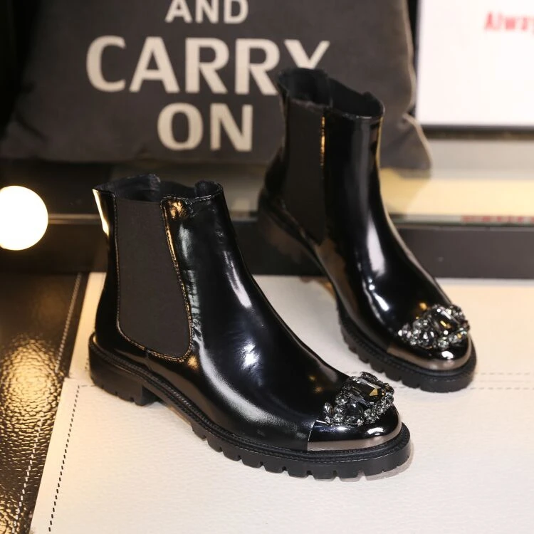 Женские зимние ботинки; Botas Mujer; кожаные женские ботильоны со стразами; Sapato Feminin; женская обувь с круглым носком; Zapatos De Mujer