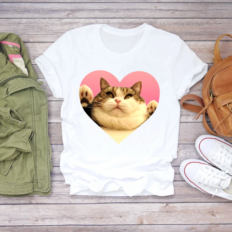 Женская футболка с коротким рукавом и принтом в виде кошки|Футболки| |