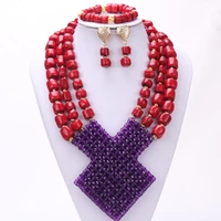 newest dudo african dubai jewelry red nature coral beads jewelry purple crystal beaded design jewellery set