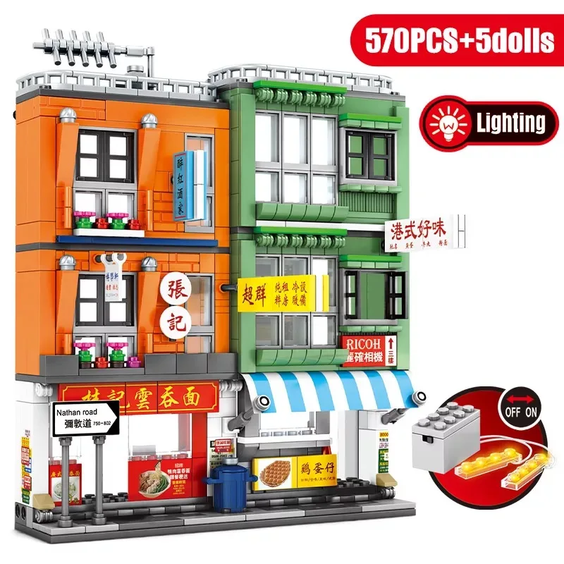 City Hong Kong Street View Restaurant Building Blocks DIY Architecture Noodle House Shop Bricks Figures Toys For Children