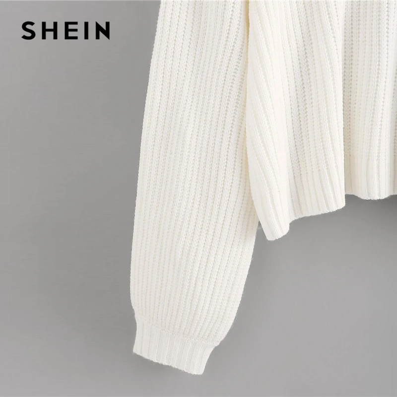 SHEIN белая капля плечо фонарь рукав Свитер оверсайз сплошной Женский свитер-пуловер Зимние Повседневные свитера с высоким воротом