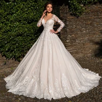 luxury wedding dresses long sleeve v neck lace applique sweetheart prom gowns back button design high waist robe de mari%c3%a9e