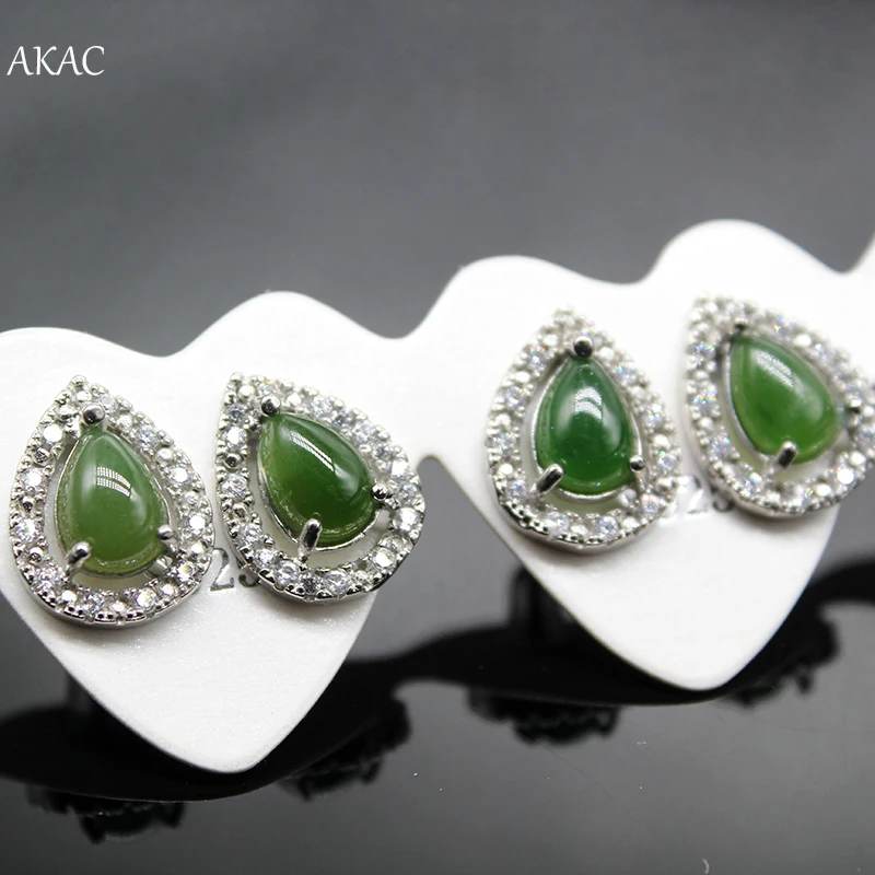 4pairs Approx10*12mm natural green jade hetian nephrite teardrop shape stud earrings | Украшения и аксессуары