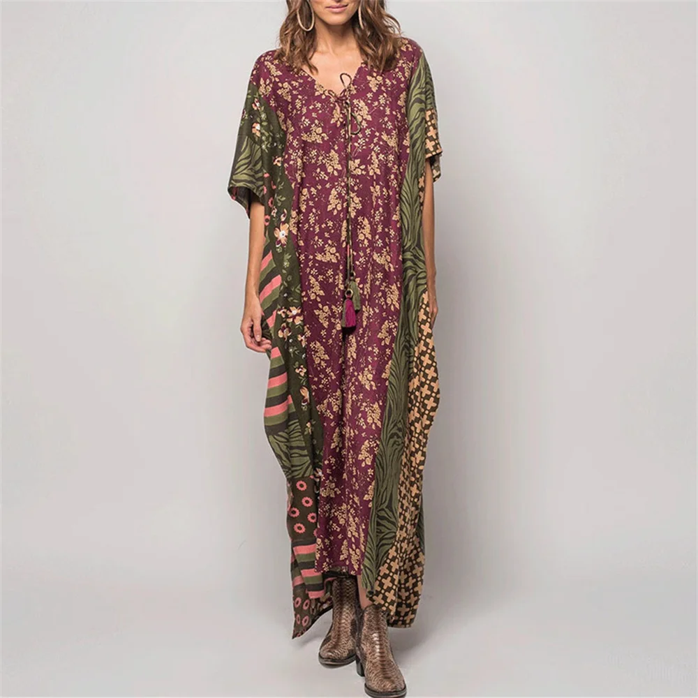 

Women Flowers Printed Beach Cover-Up V-Neck Backless Hollow Out Lace-Up Beach Resort Dress Bikini Sun Protection Shirt Cover-Ups