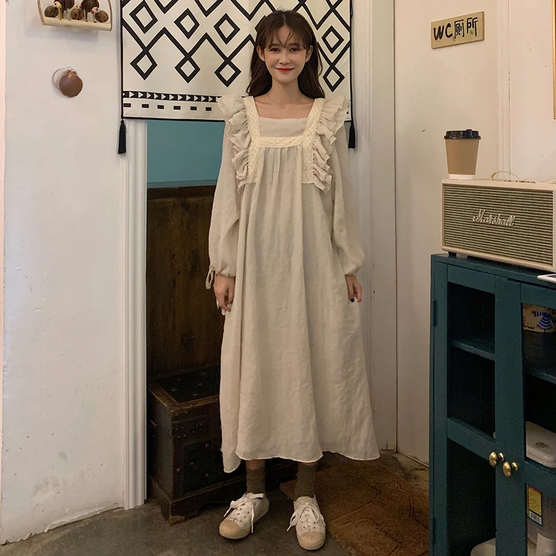 

2021 New Summer Korean Retro Ruffle Dress Long Sleeve Regular Sleeve Square Collar Mid-length Solid Color Dress