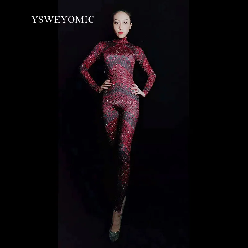 Яркий темно-красный черный комбинезон стразы из спандекса одежда для бара и