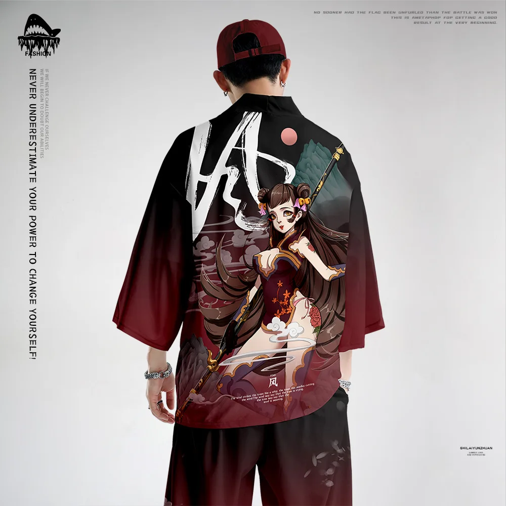 

Japanese Kimono And Pant Men Print Cardigan Yukata Fashion Men Haori Obi Clothing Asian Shirt National Tradition Clothes