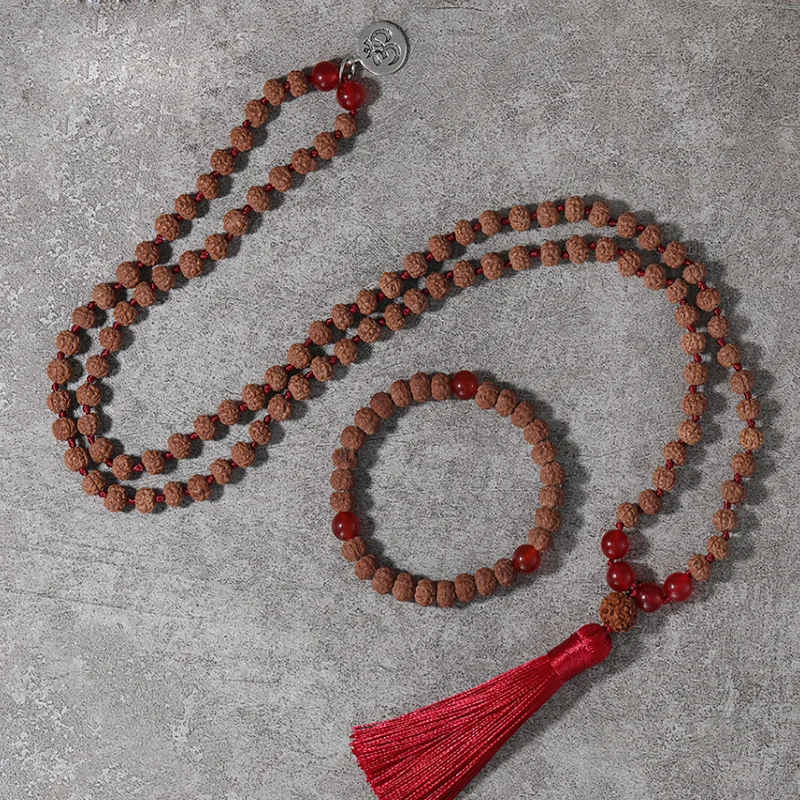 8mm Rectify Japa Mala Necklace Sets ,108  Long Rudraksha Beads Handmade Knotted Necklace ,Red Crystal Yoga Meditationl Bracelet