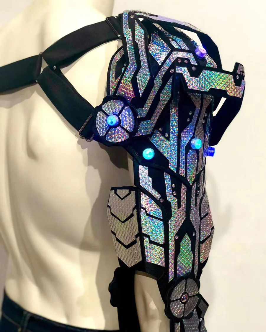 Men model catwalk future technology armor stage show sexy male costumes laser armor with led lights