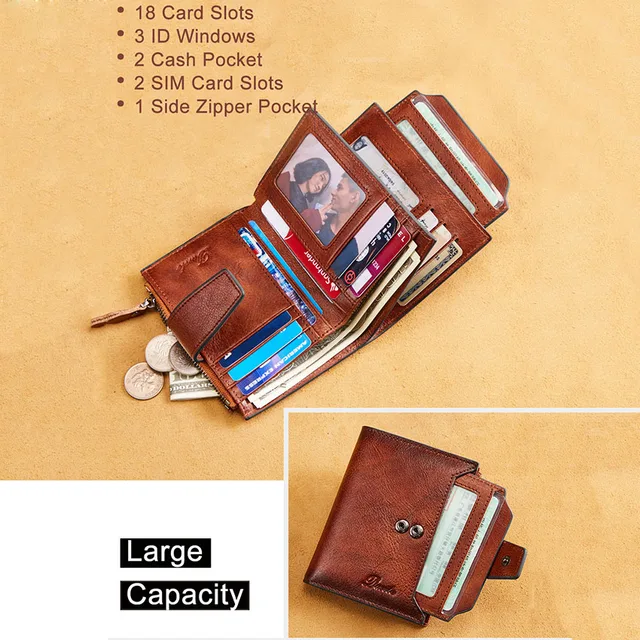 Men's RFID Blocking Wallet Genuine Leather Top Cowhide Vertical Short Zipper Coin Purse Business Card Holder Bag Wallet Vintage 5