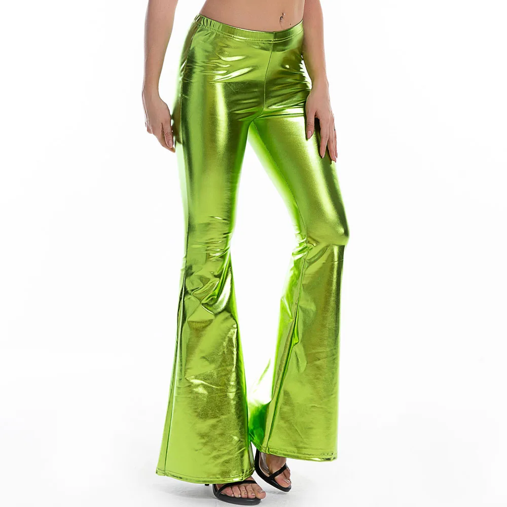 

Women Girls Sexy PU Leather Metallic Pants Shiny Holographic Flare Pants Bodycon Elastic Waist Bell Bottom Trousers Clubwear