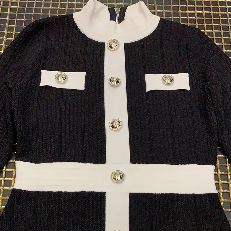 

High Waist Black White Patchwork Mini Dress temperam Women Single-breasted Slim Luxury famous Brand European Design party style