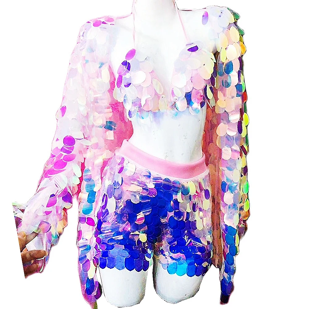 

Shining Sequin Halter Bra Shorts Long Coat Women Bikini 3 Pieces Sets Nightclub DS Stage Dance Costume Evening Prom Outfit
