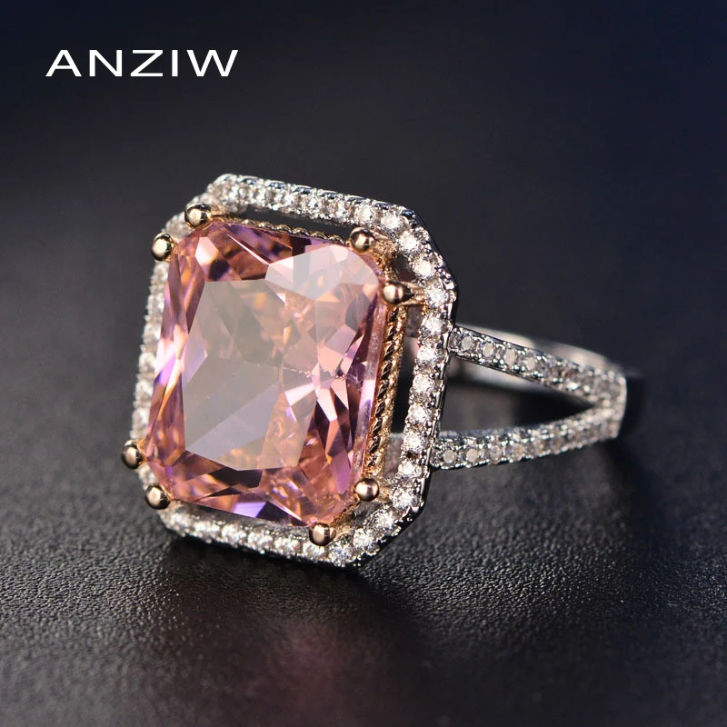 

ANZIW Luxury 12x10mm Big Pink Radiant Cut Halo Ring 925 Sterling Silver Engagement Wedding Ring Jewelry for Women Party Gift